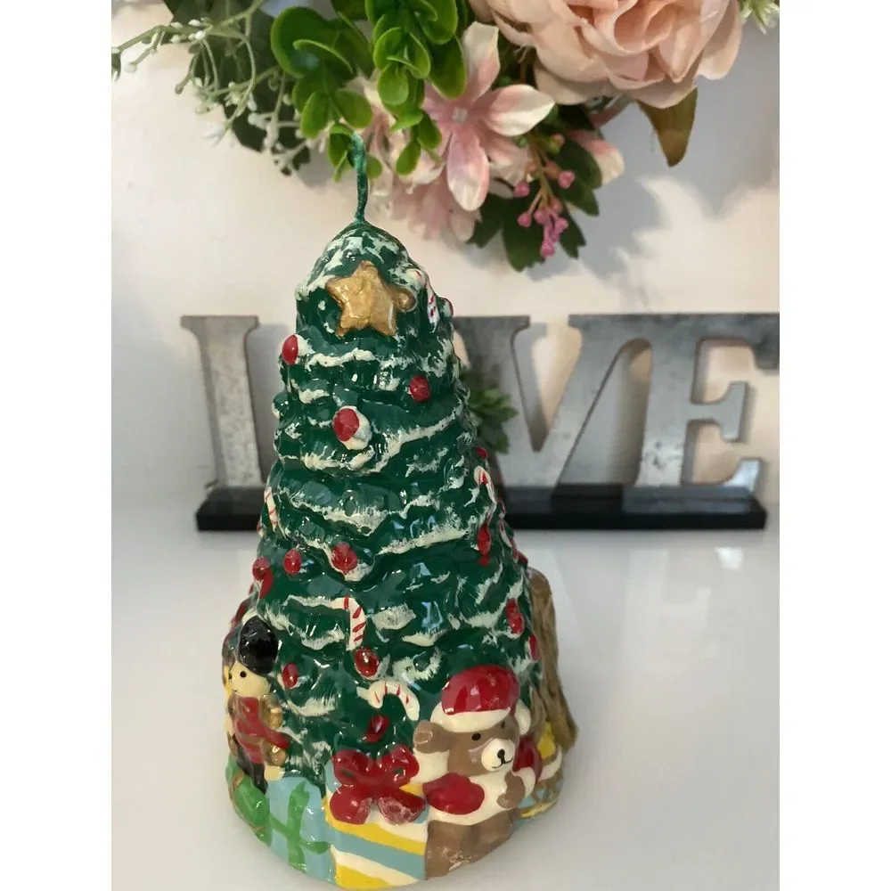 Christmas Tree with Toys & Presents Wax Candle Vintage 1960's Holiday Gift‎ EUC